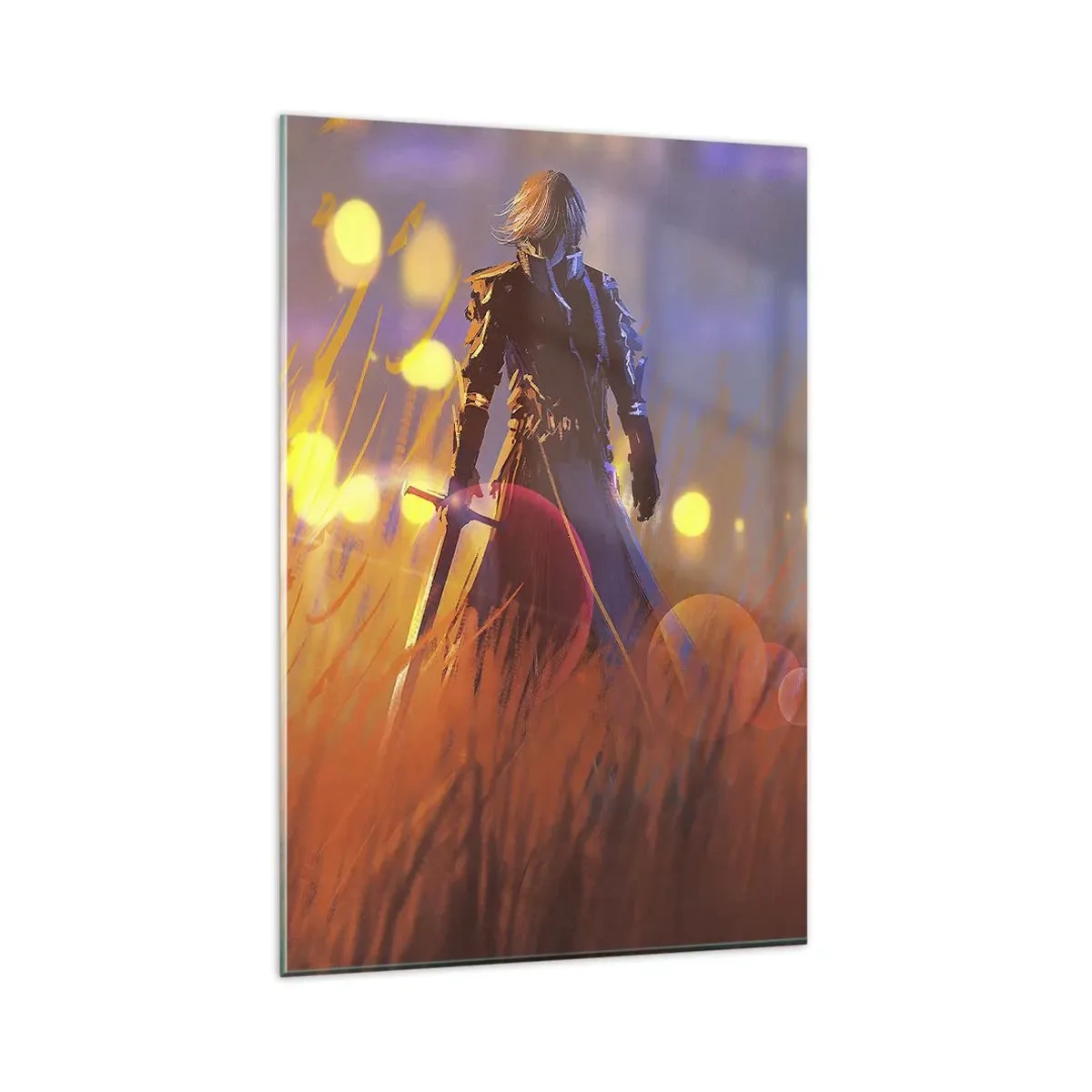 Glasbild - Bild auf glas - Die Figur eines Ritters im Licht der untergehenden Sonne auf einem Feld - 80x120cm - Fahrender Ritter - Moderne Wanddekoration für Wohnzimmer und Schlafzimmer ARTTOR