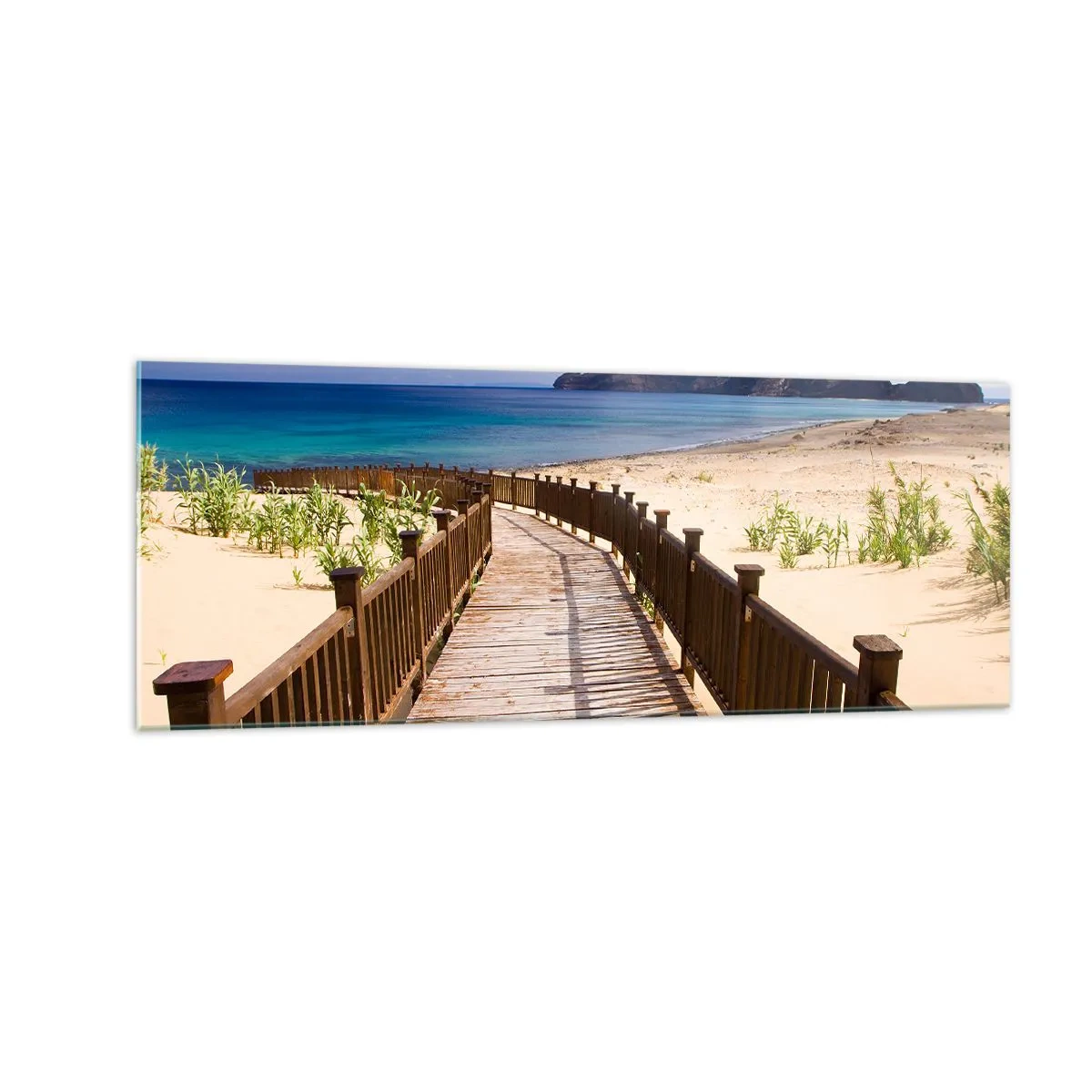 Glasbild - Bild auf glas - Holzweg zum Strand mit Meerblick - 140x50cm - Bring mich zu den glücklichen Inseln - Moderne Wanddekoration für Wohnzimmer und Schlafzimmer ARTTOR