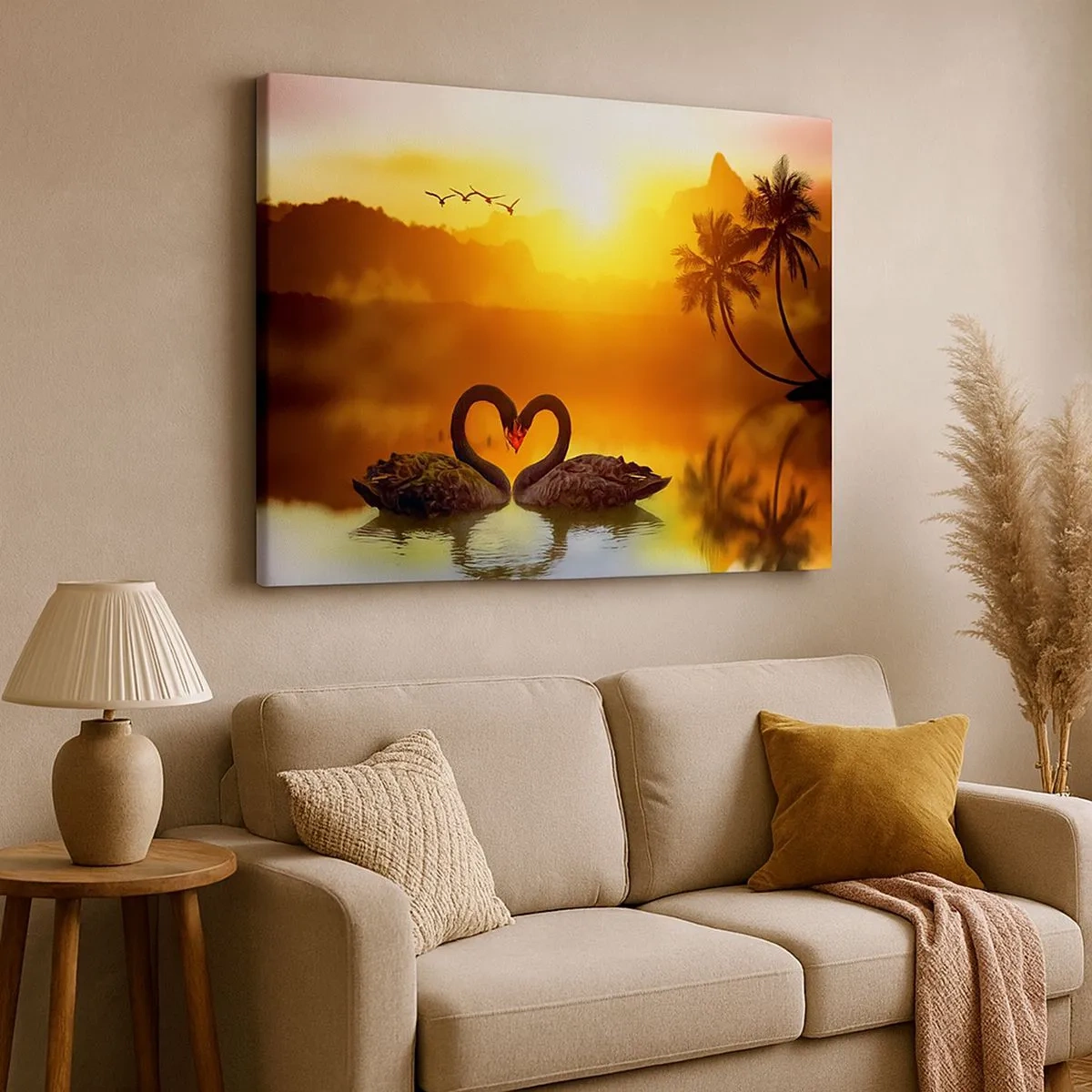 Bild auf Leinwand - Leinwandbild - Zwei schwarze Schwäne bilden ein Herz vor dem Hintergrund eines Sonnenuntergangs am See - 70x50cm - Alles passt zusammen - Moderne Wanddekoration für Wohnzimmer und Schlafzimmer ARTTOR