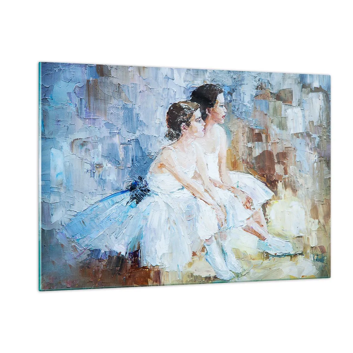 Glasbild - Bild auf glas - Zwei Ballerinas in weißen Kleidern vor impressionistischem Hintergrund - 120x80cm - Rest der jungen Schwäne - Moderne Wanddekoration für Wohnzimmer und Schlafzimmer ARTTOR