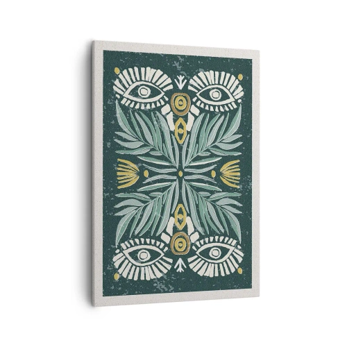 Bild auf Leinwand - Leinwandbild - Symmetrisches Pflanzenmuster auf grünem Hintergrund - 50x70cm - Wie ein Volksausschnitt - Moderne Wanddekoration für Wohnzimmer und Schlafzimmer ARTTOR