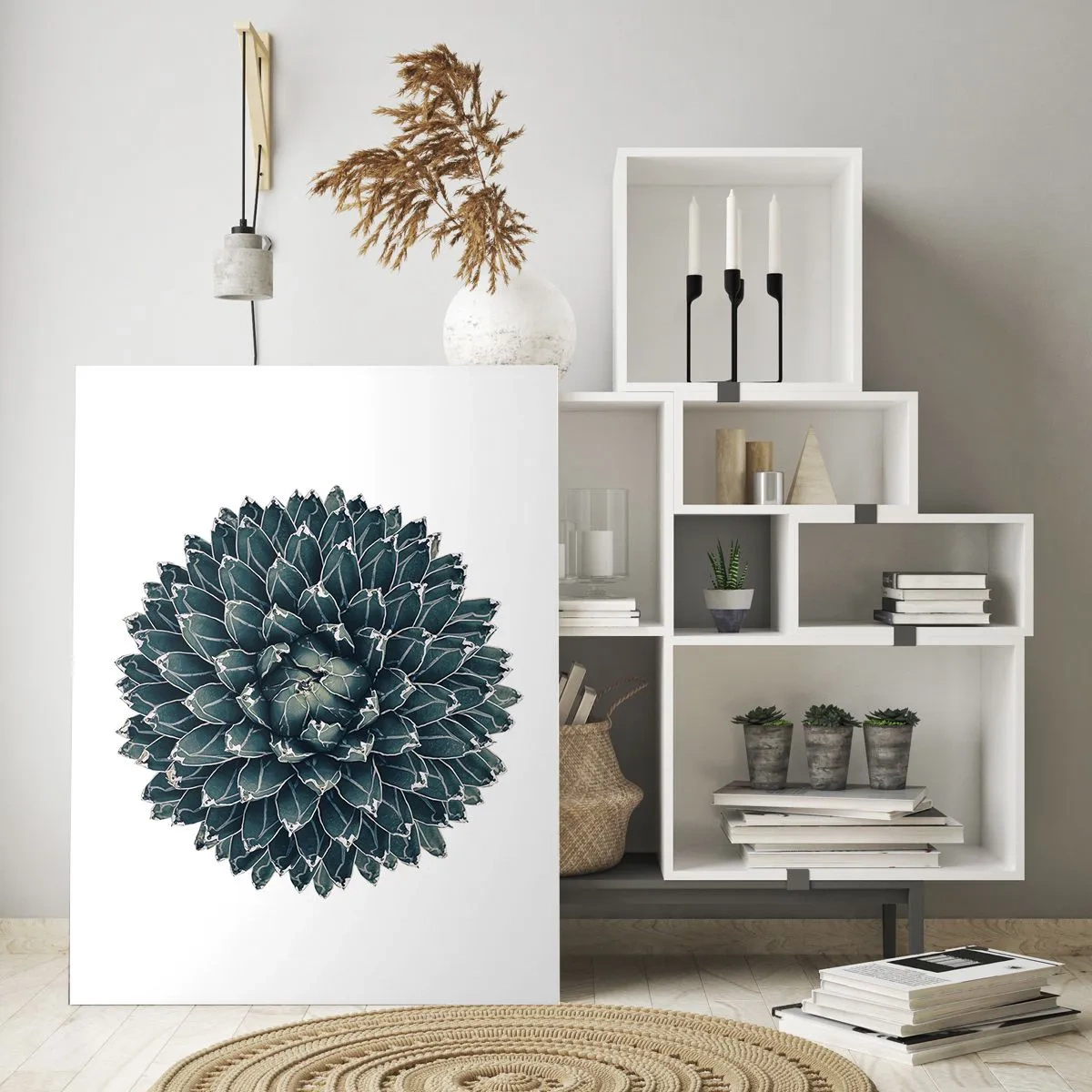 Glasbild - Bild auf glas - Symmetrisches Muster einer Sukkulente auf weißem Hintergrund - 50x70cm - Stern der Wüste - Moderne Wanddekoration für Wohnzimmer und Schlafzimmer ARTTOR