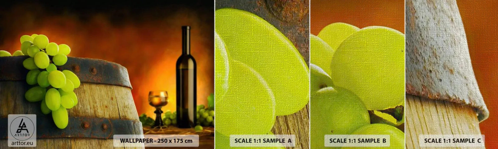 Fototapeten Muster Premium Canvas - Stillleben mit einer Flasche Wein und einer Weintraube - Traube, Wein, Weinfass - 100x30 cm