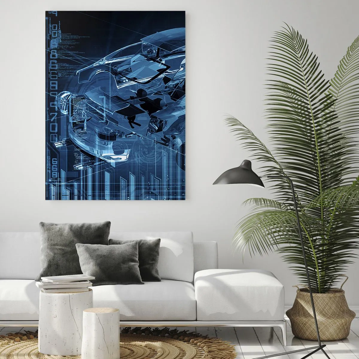 Glasbild - Bild auf glas - Eine moderne technische Zeichnung eines Autos mit Strukturelementen - 80x120cm - Technische Anatomie - Moderne Wanddekoration für Wohnzimmer und Schlafzimmer ARTTOR