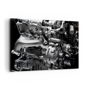 Bild auf Leinwand - Leinwandbild - Nahaufnahme von metallischen Motorteilen auf schwarzem Hintergrund - 120x80cm - Stahl, schön, stark - Moderne Wanddekoration für Wohnzimmer und Schlafzimmer ARTTOR