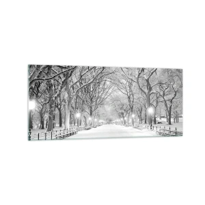 Glasbild - Bild auf glas - Eine Winterallee mit schneebedeckten Bäumen in Monochrom - 120x50cm - Vier Jahreszeiten - Winter - Moderne Wanddekoration für Wohnzimmer und Schlafzimmer ARTTOR