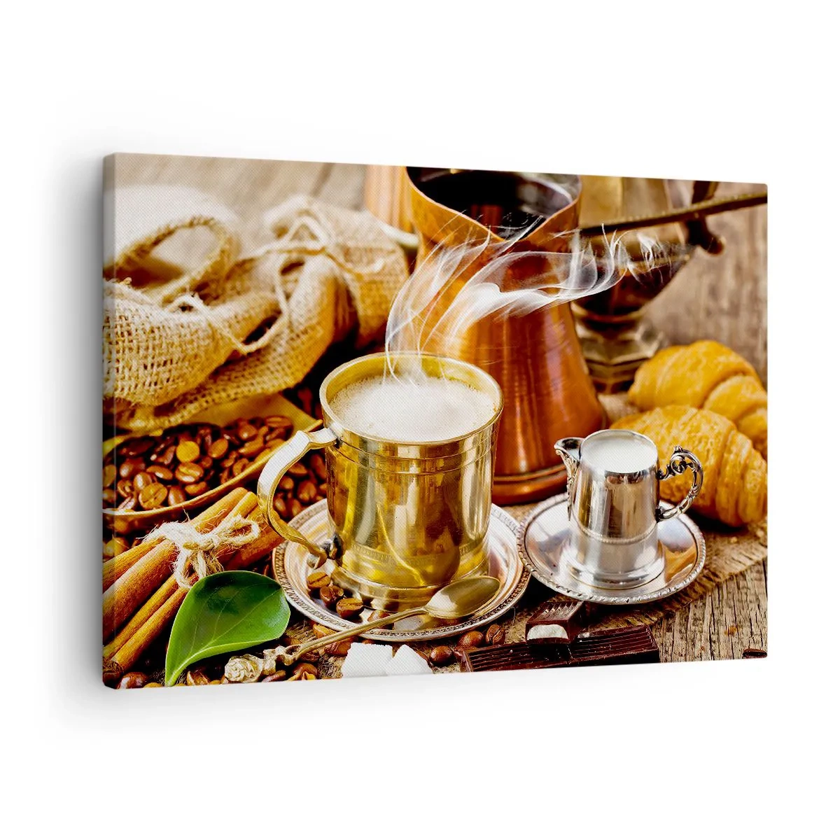 Bild auf Leinwand - Leinwandbild - Eine goldene Tasse Kaffee, umgeben von Bohnen, Krügen und Croissants - 70x50cm - Schönen Tag noch! - Moderne Wanddekoration für Wohnzimmer und Schlafzimmer ARTTOR