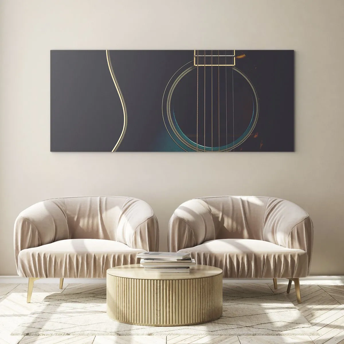 Glasbild - Bild auf glas - Akustikgitarre in dunklem, elegantem Licht - 160x50cm - Einen Moment bevor es ertönt - Moderne Wanddekoration für Wohnzimmer und Schlafzimmer ARTTOR