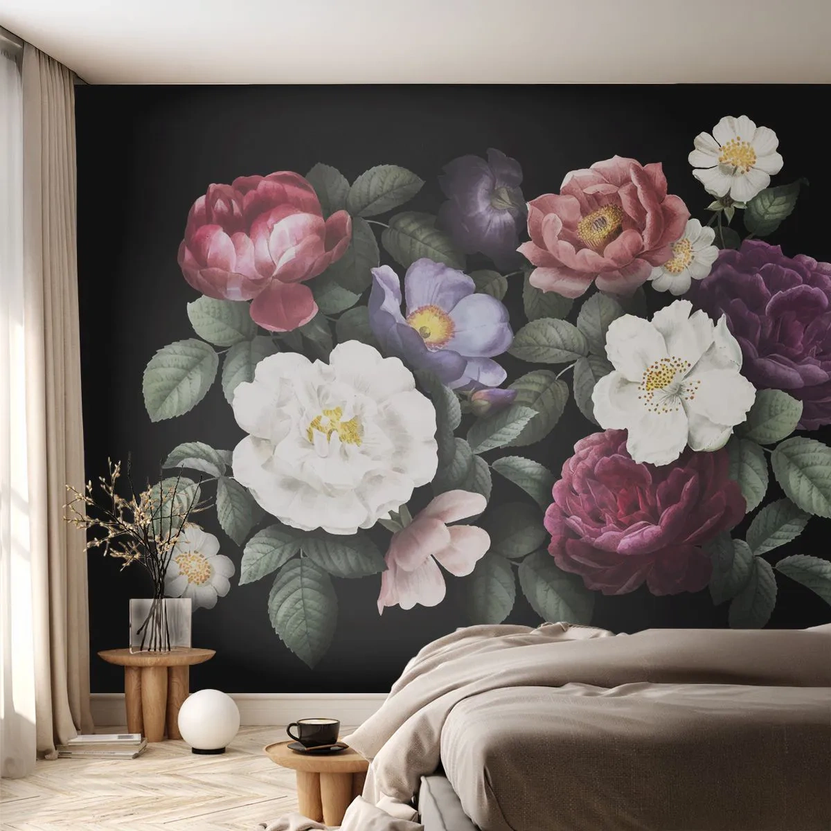 Fototapete Premium Sand - Eine Komposition aus bunten Blumen auf schwarzem Hintergrund - 100x70cm - Aus dem Englischen Garten - Moderne Wanddekoration für Wohnzimmer und Schlafzimmer ARTTOR