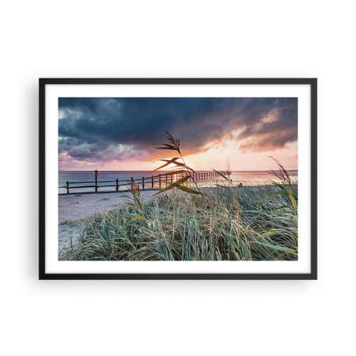 Poster in einem schwarzem Rahmen - Strand bei Sonnenuntergang mit Gräsern im Vordergrund - 70x50cm - Es vergeht nicht mit dem Wind - Moderne Wanddekoration für Wohnzimmer und Schlafzimmer ARTTOR