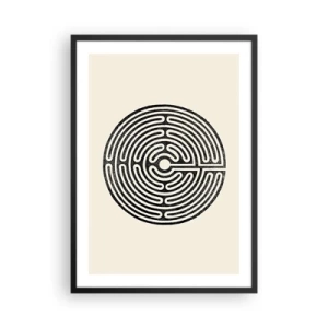 Poster in einem schwarzem Rahmen - Ein minimalistisches schwarz-weißes Labyrinth auf hellem Hintergrund. - 50x70cm - Geheimnisvolle Ordnung - Moderne Wanddekoration für Wohnzimmer und Schlafzimmer ARTTOR