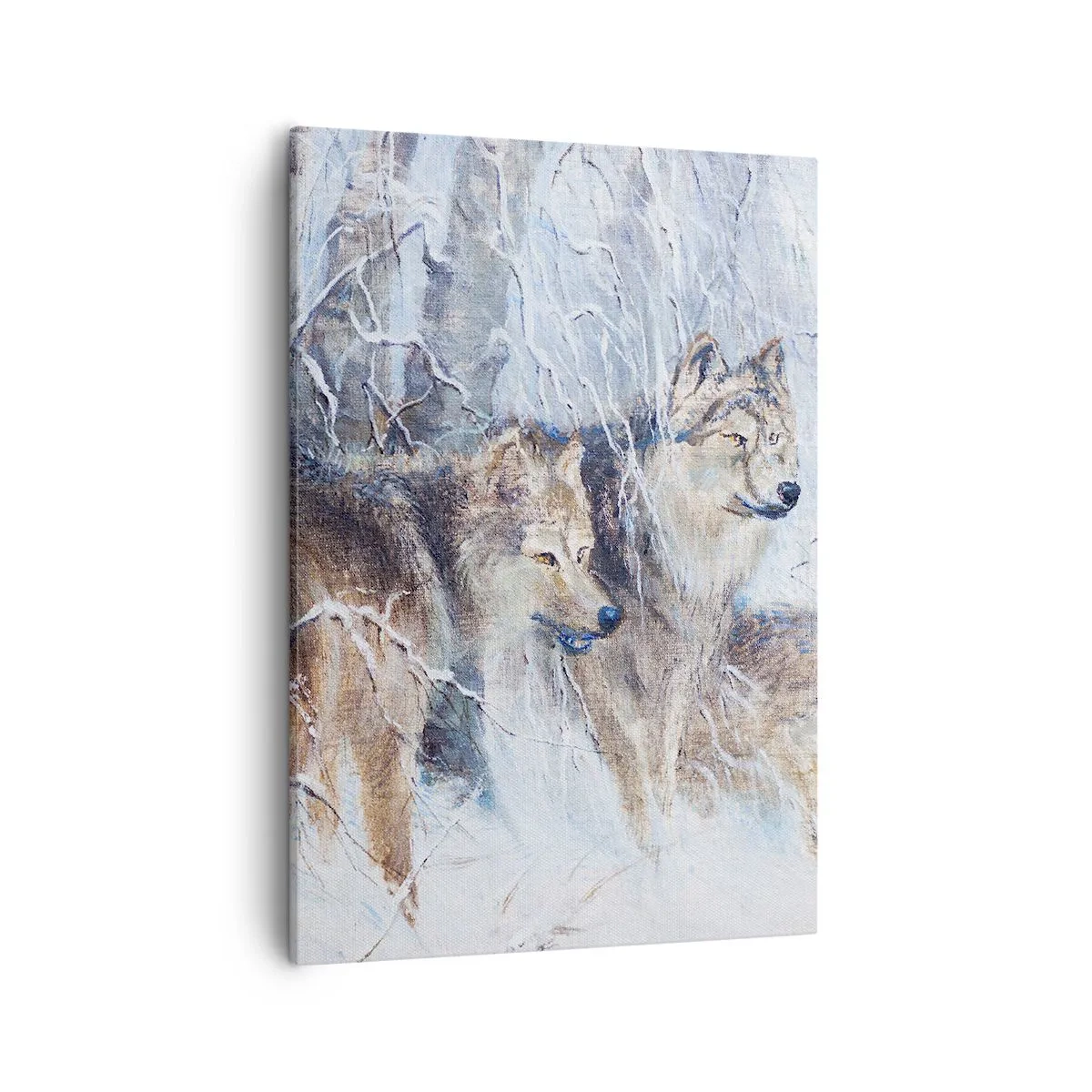 Bild auf Leinwand - Leinwandbild - Wölfe in einem Winterwald vor verschneiter Kulisse - 50x70cm - Beachtung! Hier kommt ... - Moderne Wanddekoration für Wohnzimmer und Schlafzimmer ARTTOR