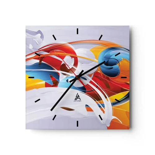 Wanduhr - Glasuhr - Bunte Abstraktion mit dynamischen Linien und lebendigen Farben - 30x30cm - Der Tanz der Elemente - Moderne Wanddekoration für Wohnzimmer und Schlafzimmer ARTTOR