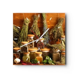 Wanduhr - Glasuhr - Kräuter und Gewürze in Gläsern auf rustikalem Hintergrund - 30x30cm - Küchenzauber - Moderne Wanddekoration für Wohnzimmer und Schlafzimmer ARTTOR