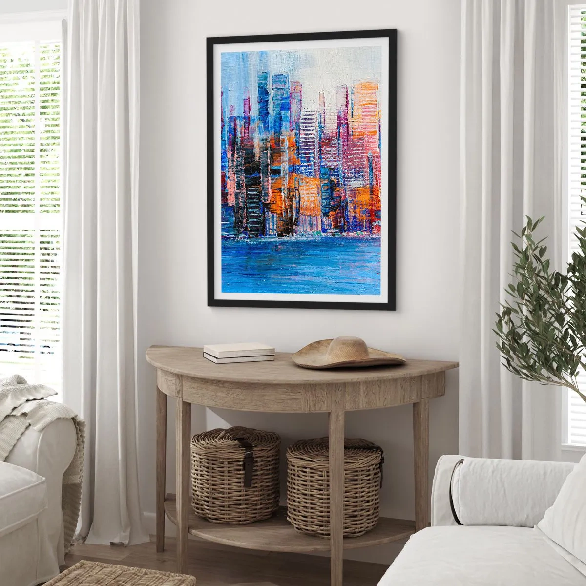 Poster in einem schwarzem Rahmen - Abstraktes Stadtpanorama in intensiven Farben - 50x70cm - Fröhliche Metropole - Moderne Wanddekoration für Wohnzimmer und Schlafzimmer ARTTOR