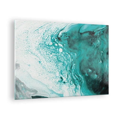 Glasbild - Bild auf glas - Ein abstraktes Gemälde in Weiß- und Türkistönen - 70x50cm - Verschmelzen in Weiß und Türkis - Moderne Wanddekoration für Wohnzimmer und Schlafzimmer ARTTOR