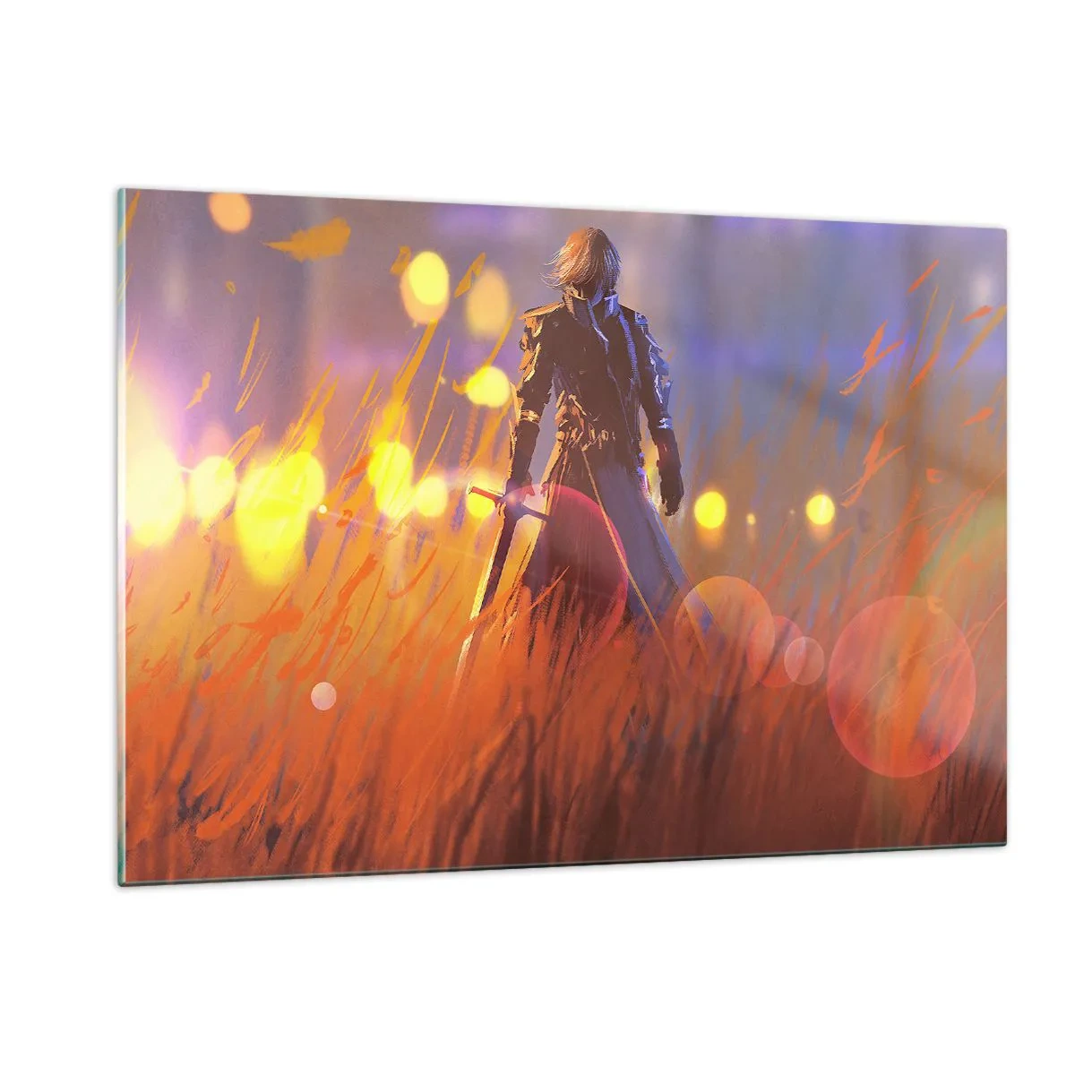 Glasbild - Bild auf glas - Eine Figur in Rüstung inmitten orangefarbenen Grases vor leuchtendem Hintergrund. - 120x80cm - Fahrender Ritter - Moderne Wanddekoration für Wohnzimmer und Schlafzimmer ARTTOR