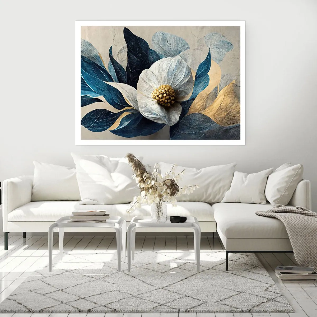 Poster - Eine Blume mit blauen Blättern auf einem eleganten Hintergrund - 100x70cm - Er hat ein Herz aus Gold - Moderne Wanddekoration für Wohnzimmer und Schlafzimmer ARTTOR