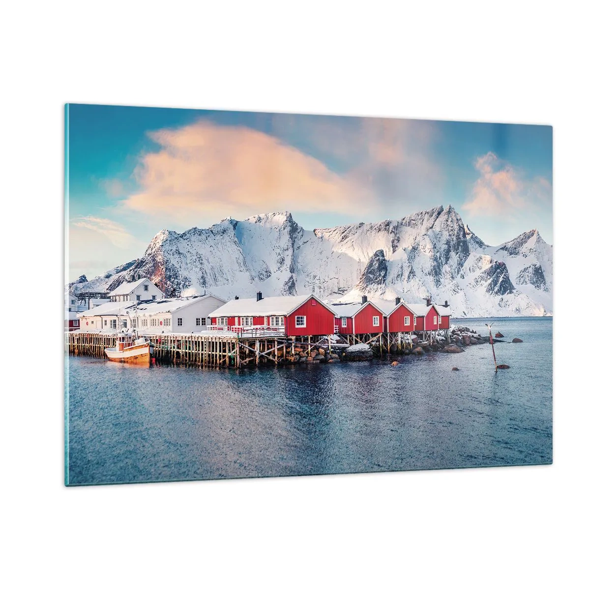 Glasbild - Bild auf glas - Rote Fischerhütten am Fjord mit Bergen im Hintergrund - 120x80cm - Nördlicher Rückzug - Moderne Wanddekoration für Wohnzimmer und Schlafzimmer ARTTOR