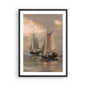Poster in einem schwarzem Rahmen - Segelboote auf ruhiger See in Pastellfarben - 50x70cm - Die Rückkehr der Matrosen - Moderne Wanddekoration für Wohnzimmer und Schlafzimmer ARTTOR