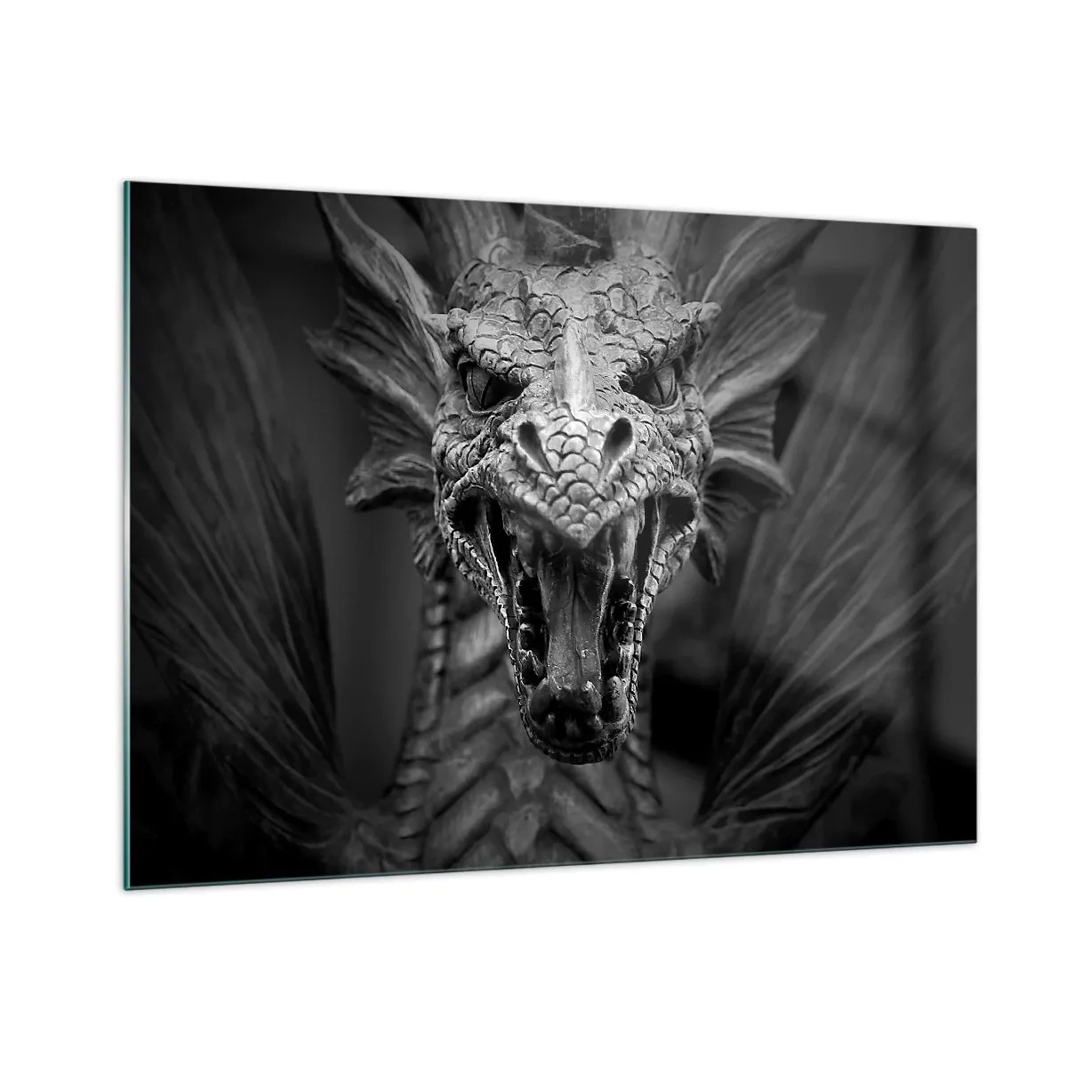 Glasbild - Bild auf glas - Detailliertes Porträt eines Drachen in Schwarzweiß - 100x70cm - Ein märchenhafter Drache in Grau - Moderne Wanddekoration für Wohnzimmer und Schlafzimmer ARTTOR