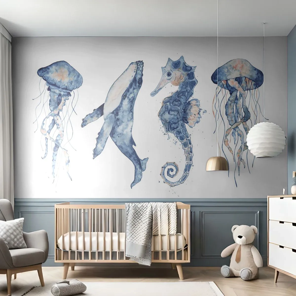 Fototapete Premium Sand - Aquarellillustrationen von Quallen, einem Wal und einem Seepferdchen - 100x70cm - Meereswunder - Moderne Wanddekoration für Wohnzimmer und Schlafzimmer ARTTOR
