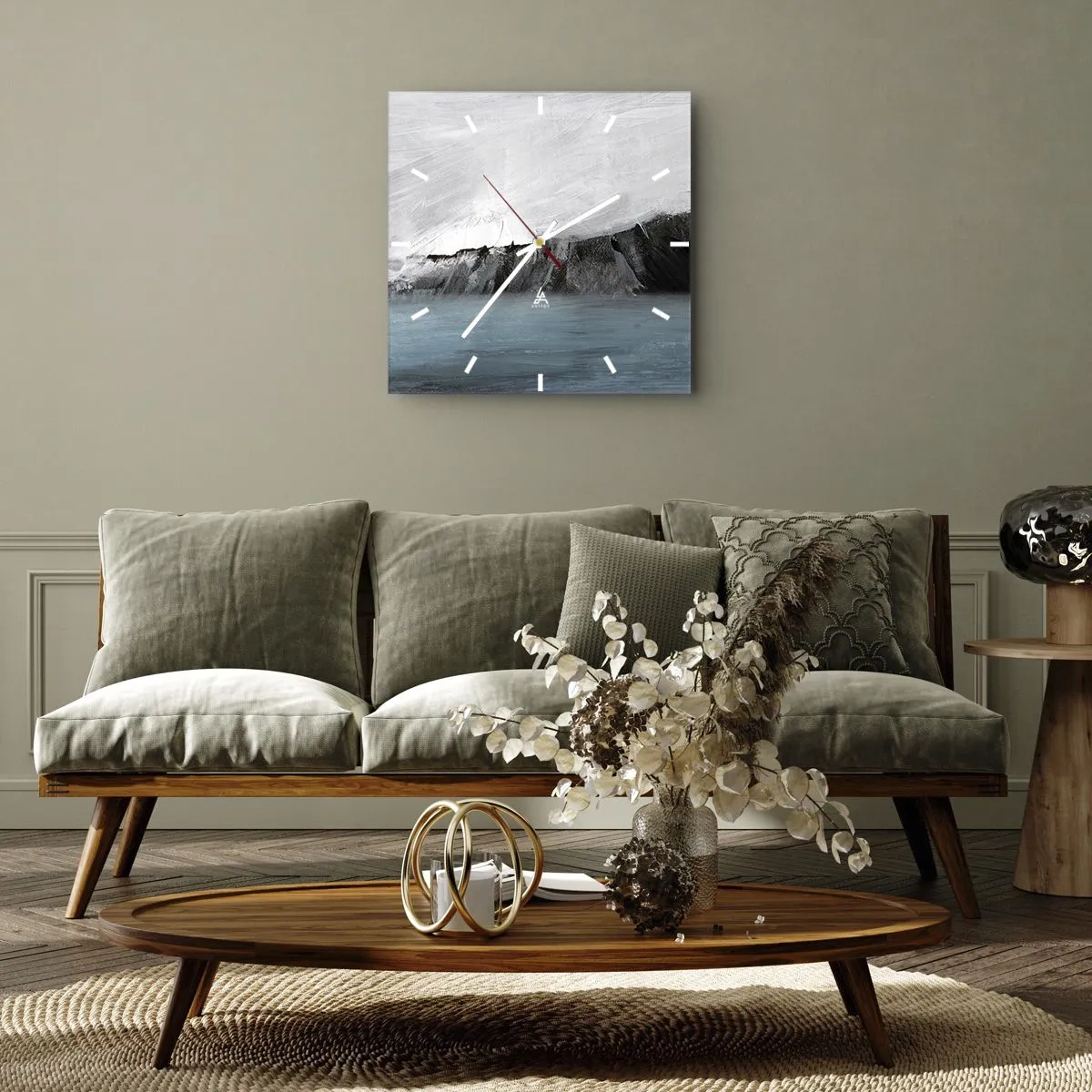 Wanduhr - Glasuhr - Abstrakte Landschaft mit Wasser und felsigem Ufer - 30x30cm - Wasser – Erde: Kampf der Naturelemente - Moderne Wanddekoration für Wohnzimmer und Schlafzimmer ARTTOR