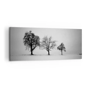 Bild auf Leinwand - Leinwandbild - Drei Bäume auf einem schneebedeckten Feld im monochromen Stil - 120x50cm - Wovon träumen sie? - Moderne Wanddekoration für Wohnzimmer und Schlafzimmer ARTTOR