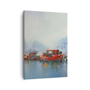Bild auf Leinwand - Leinwandbild - Ein Hafen mit roten Booten, umgeben von einer nebligen Landschaft - 50x70cm - Am Ende der Welt - Moderne Wanddekoration für Wohnzimmer und Schlafzimmer ARTTOR