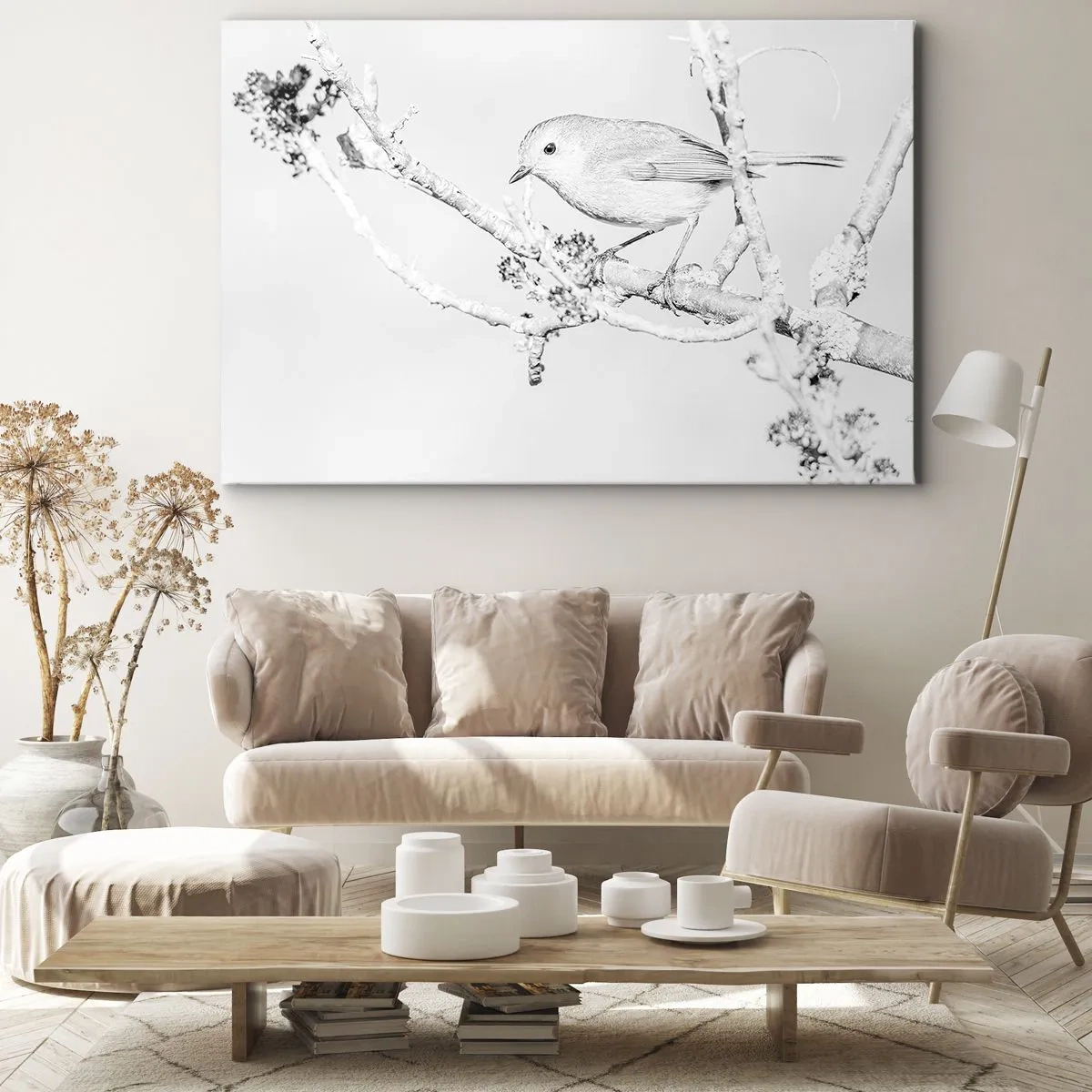 Bild auf Leinwand - Leinwandbild - Vogel auf einem Ast in Schwarz-Weiß im minimalistischen Stil - 70x50cm - Wintermorgen - Moderne Wanddekoration für Wohnzimmer und Schlafzimmer ARTTOR