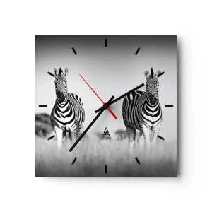 Wanduhr - Glasuhr - Zwei Zebras in der Savanne im monochromen Stil - 30x30cm - Die Welt ist doch schwarz-weiß - Moderne Wanddekoration für Wohnzimmer und Schlafzimmer ARTTOR