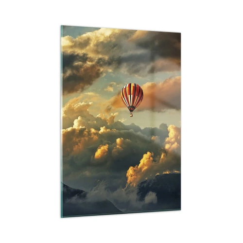 Glasbild - Bild auf glas - Ein Ballon, der bei Sonnenuntergang zwischen den Wolken über den Bergen schwebt - 50x70cm - Ich fliege, weil ich es will - Moderne Wanddekoration für Wohnzimmer und Schlafzimmer ARTTOR