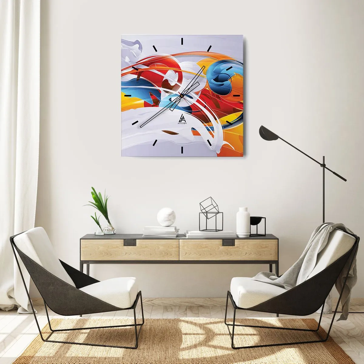 Wanduhr - Glasuhr - Bunte Abstraktion mit dynamischen Linien und lebendigen Farben - 30x30cm - Der Tanz der Elemente - Moderne Wanddekoration für Wohnzimmer und Schlafzimmer ARTTOR