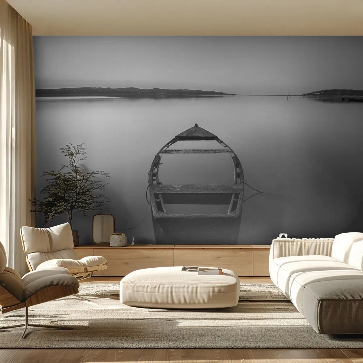 Fototapete Premium Sand - Sehnsucht und Melancholie - Landschaft, See, Boot - 250x175 cm