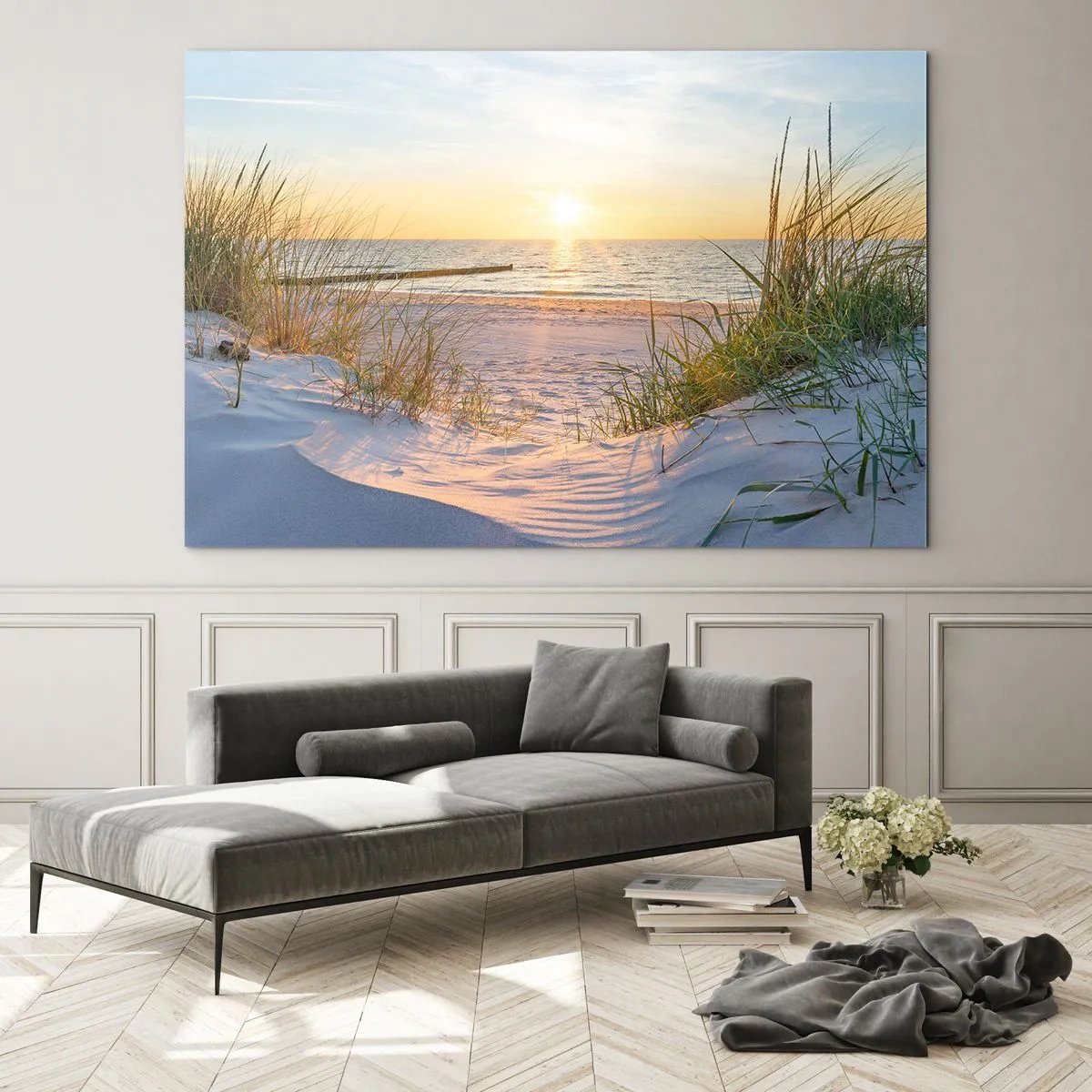 Glasbild - Bild auf glas - Sonnenuntergangsstrand mit Blick auf das Meer und Dünengräser - 70x50cm - Das Rauschen des Meeres, der Gesang der Vögel, ein wilder Strand im Gras ... - Moderne Wanddekoration für Wohnzimmer und Schlafzimmer ARTTOR