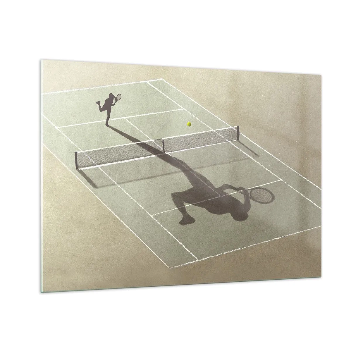 Glasbild - Bild auf glas - Die Figur eines Tennisspielers und sein Schatten auf dem Platz während eines Aufschlags - 100x70cm - Überwinde dich selbst - Moderne Wanddekoration für Wohnzimmer und Schlafzimmer ARTTOR