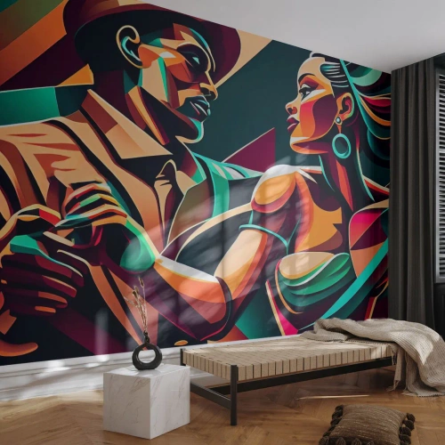 Fototapete Premium Canvas - Ein stilisiertes Paar, das in leuchtenden, geometrischen Farben tanzt. - 100x70cm - Im Rhythmus des Herzens - Moderne Wanddekoration für Wohnzimmer und Schlafzimmer ARTTOR