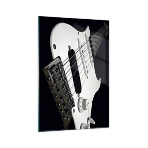 Glasbild - Bild auf glas - Nahaufnahme einer weißen E-Gitarre auf schwarzem Hintergrund. - 70x100cm - In Weiß versteckter Ton - Moderne Wanddekoration für Wohnzimmer und Schlafzimmer ARTTOR