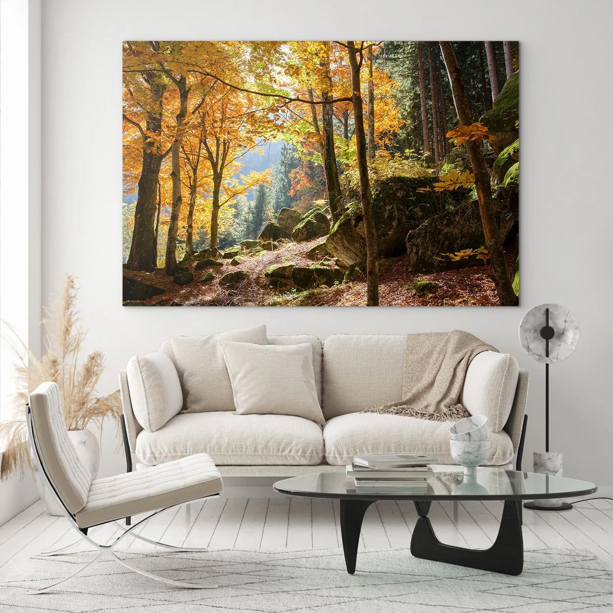 Glasbild - Bild auf glas - Herbstwald mit Sonnenstrahlen und Steinen - 100x70cm - Zeit zum Entspannen - Moderne Wanddekoration für Wohnzimmer und Schlafzimmer ARTTOR