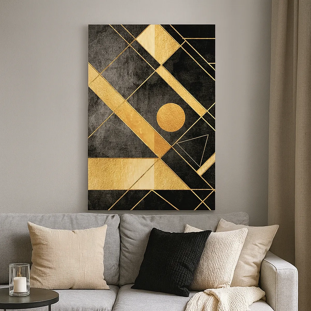 Bild auf Leinwand - Leinwandbild - Geometrische Formen in Gold- und Schwarztönen - 50x70cm - Die Sonne der Wüste - Moderne Wanddekoration für Wohnzimmer und Schlafzimmer ARTTOR