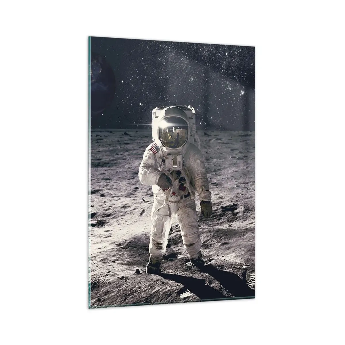 Glasbild - Bild auf glas - Astronaut auf der Mondoberfläche mit der Erde im Hintergrund - 80x120cm - Grüße vom Mond - Moderne Wanddekoration für Wohnzimmer und Schlafzimmer ARTTOR