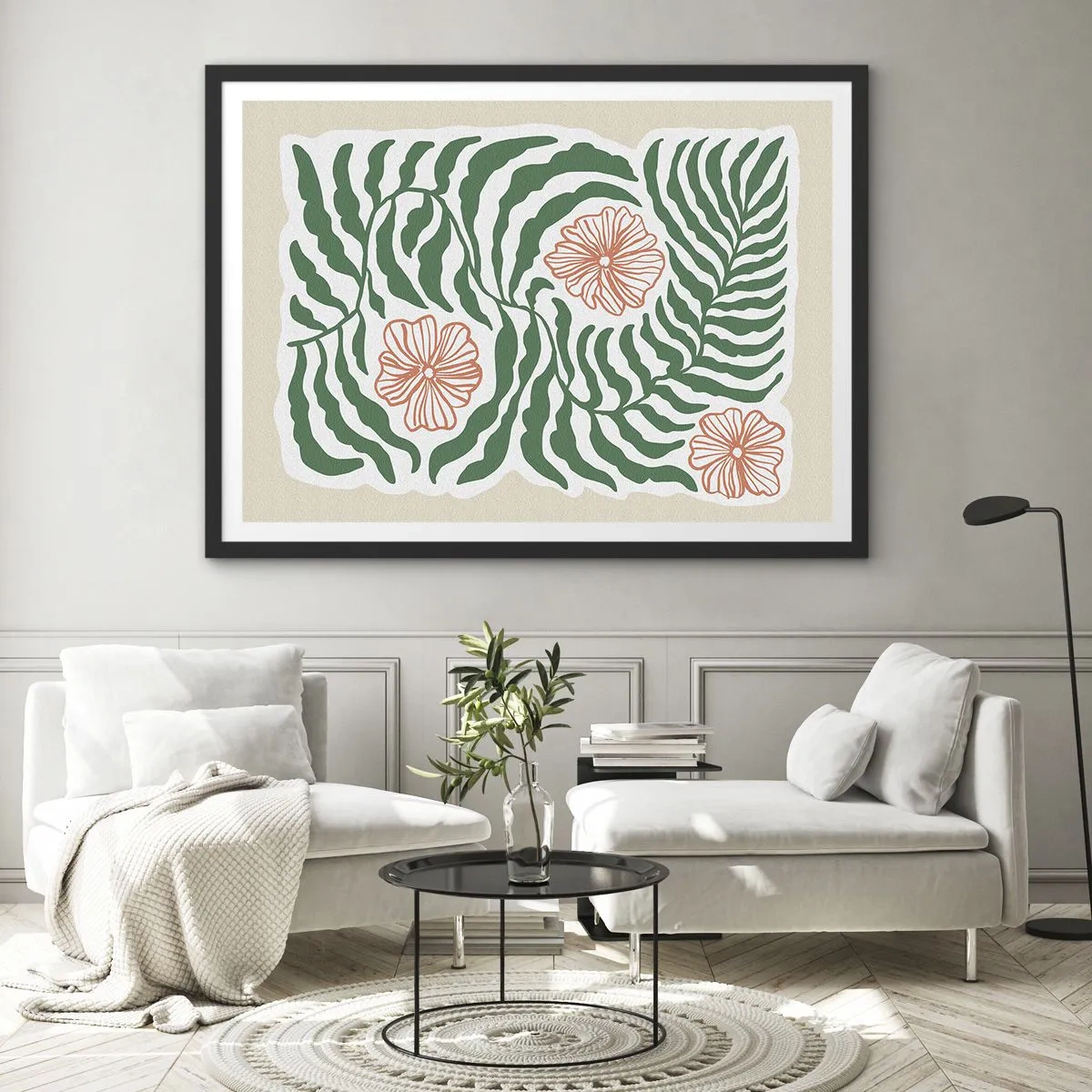 Poster in einem schwarzem Rahmen - Ein minimalistisches Motiv aus grünen Blättern mit Blüten in Orangetönen. - 70x50cm - Aufgeblüht in Grün - Moderne Wanddekoration für Wohnzimmer und Schlafzimmer ARTTOR