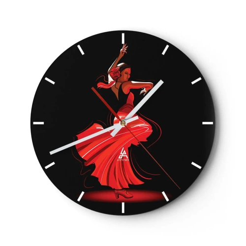Wanduhr - Glasuhr - Flamenco-Tänzerin in einem roten Kleid vor schwarzem Hintergrund - 30x30cm - Der feurige Geist des Flamenco - Moderne Wanddekoration für Wohnzimmer, Küche und Schlafzimmer ARTTOR