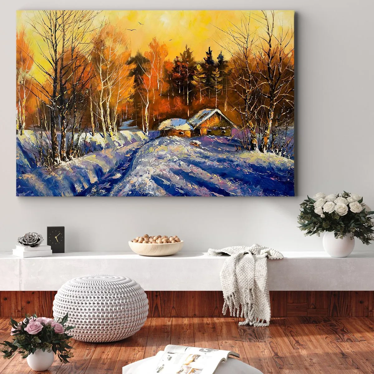 Bild auf Leinwand - Leinwandbild - Winterlandschaft mit einem Haus im Licht der untergehenden Sonne - 100x70cm - Wintereindruck in der Sonne - Moderne Wanddekoration für Wohnzimmer und Schlafzimmer ARTTOR