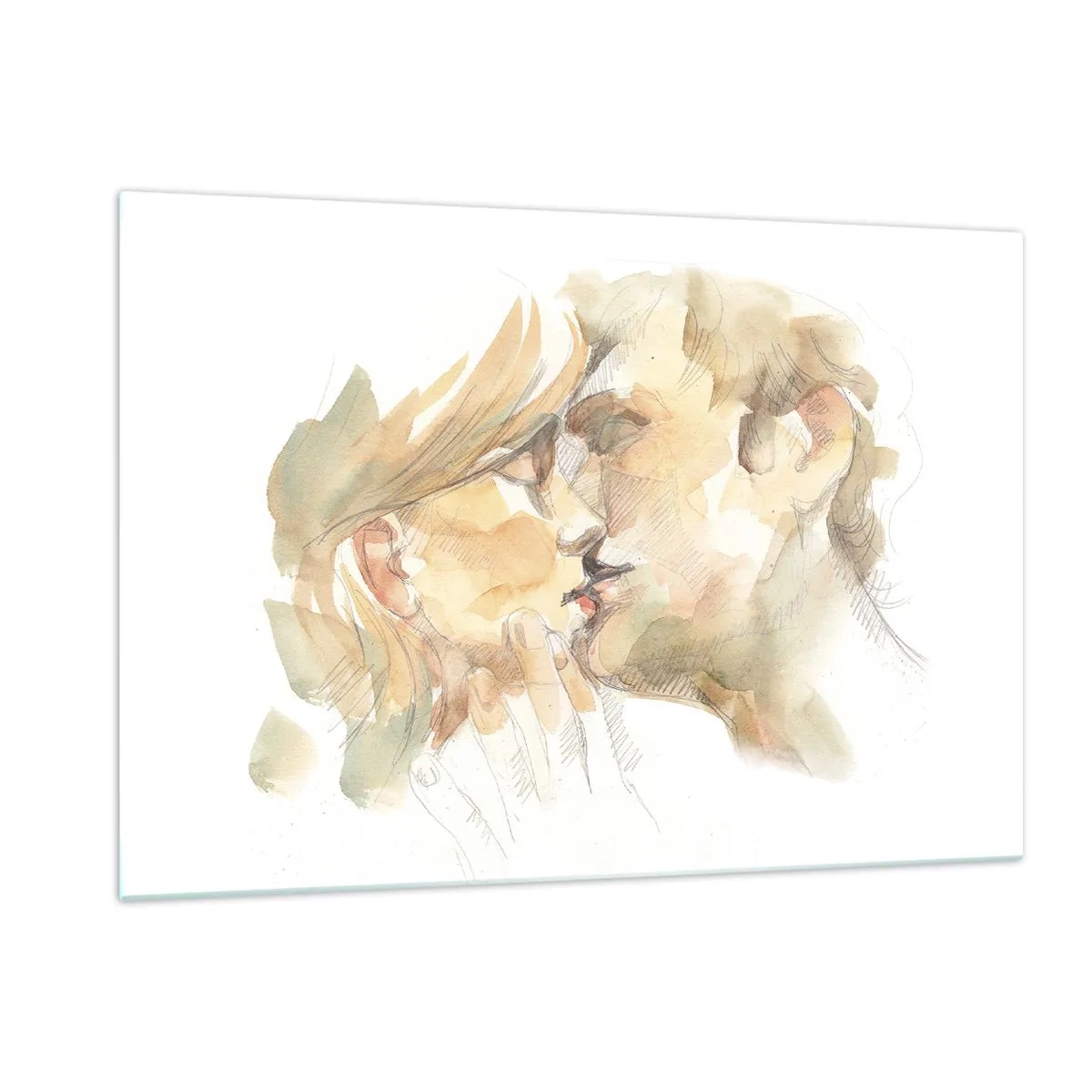 Glasbild - Bild auf glas - Romantisches Aquarell eines Liebeskusses - 120x80cm - Hälfte gefunden? - Moderne Wanddekoration für Wohnzimmer und Schlafzimmer ARTTOR