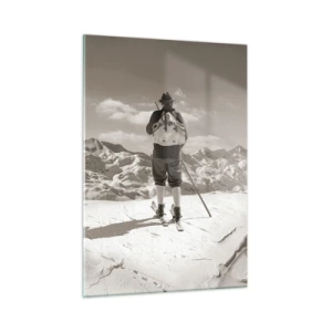 Glasbild - Bild auf glas - Skifahrer auf einem Berggipfel in Schwarz und Weiß - 50x70cm - Und die Berge bleiben unverändert - Moderne Wanddekoration für Wohnzimmer und Schlafzimmer ARTTOR
