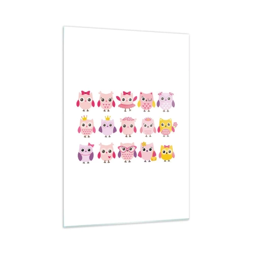Glasbild - Bild auf glas - Bunte Eulen in verschiedenen Mustern auf weißem Hintergrund - 50x70cm - Einer ist süßer als der andere - Moderne Wanddekoration für Wohnzimmer und Schlafzimmer ARTTOR