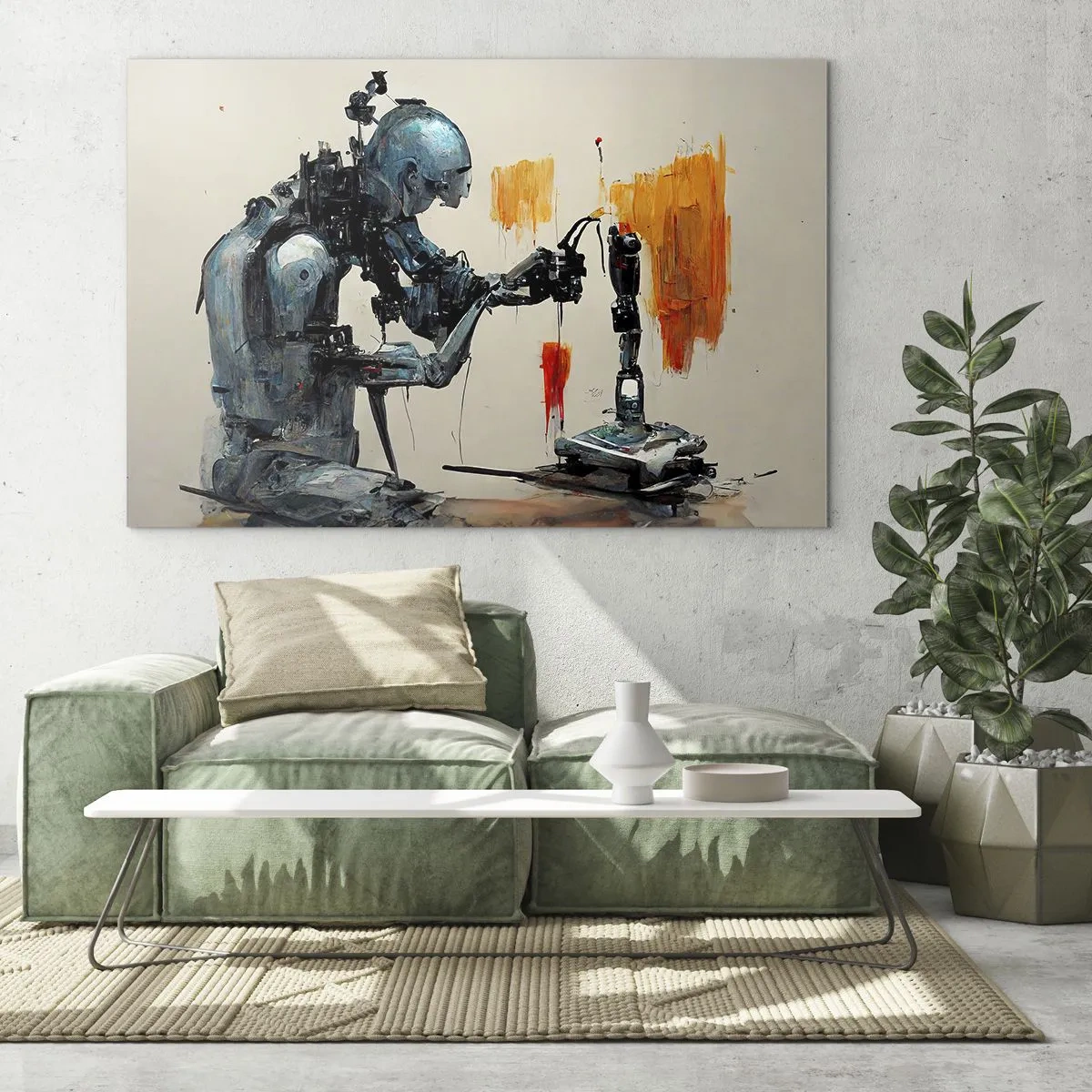 Glasbild - Bild auf glas - Ein Roboter, der eine mechanische Hand auf einen abstrakten Hintergrund malt. - 120x80cm - Schon morgen… - Moderne Wanddekoration für Wohnzimmer und Schlafzimmer ARTTOR