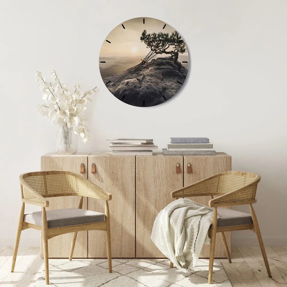 Wanduhr - Glasuhr - Ein einsamer Baum auf einem Felsen bei Sonnenuntergang - 30x30cm - Das Leben gewinnt immer - Moderne Wanddekoration für Wohnzimmer, Küche und Schlafzimmer ARTTOR