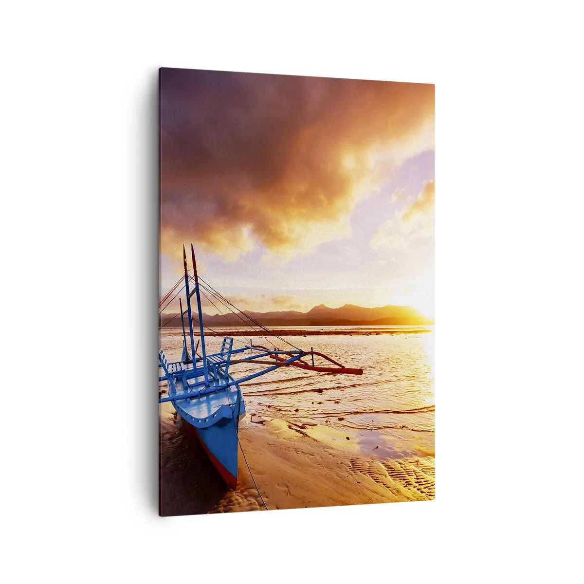 Bild auf Leinwand - Leinwandbild - Blaues Boot am Strand bei Sonnenuntergang - 70x100cm - Nach einem Tag sich im Sand ausstrecken - Moderne Wanddekoration für Wohnzimmer und Schlafzimmer ARTTOR